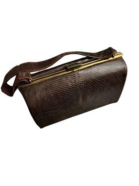 Vintage 50s/60s Mid Century Dark Brown Lizard Skin Leather Handbag Gold Hardware